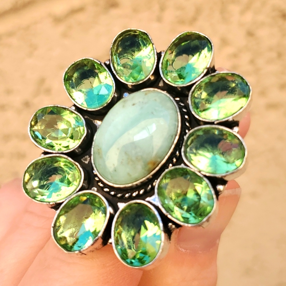 New Oversized Chrysoprase and Tsavorite 925 Silver Statement Ring.